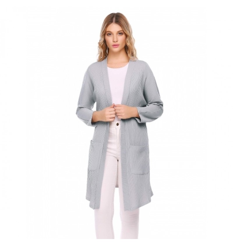 Raglan Long Sleeve Knitted Solid Drape Open Casual Long Cardigan with Pocket