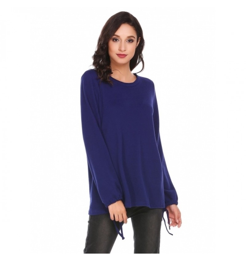 O Neck Solid Loose Fit Lantern Sleeve Casual Top