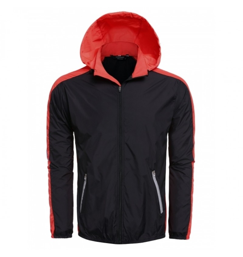 Men Outdoor Sports Hooded Long Sleeve Contrast Color Patchwork Zip-up Jacket