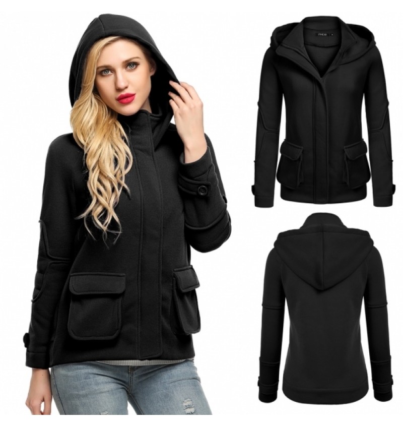 WomenLong Sleeve Zip-up Solid Fleece Hooded Jacket