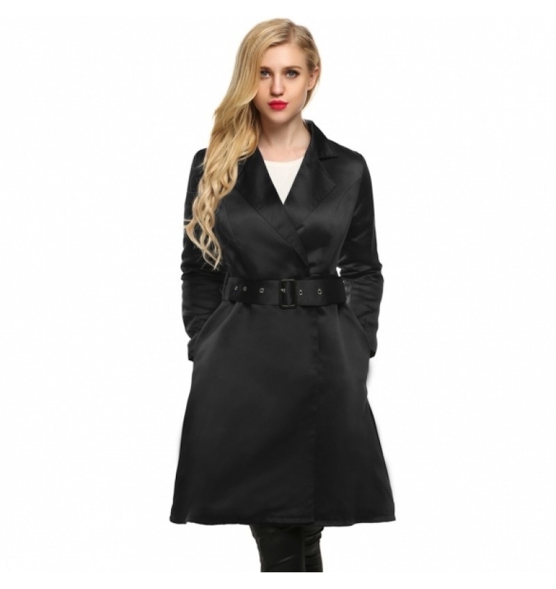 WomenElegant Notched Collar Solid Long Swing Trench Coat with Belt
